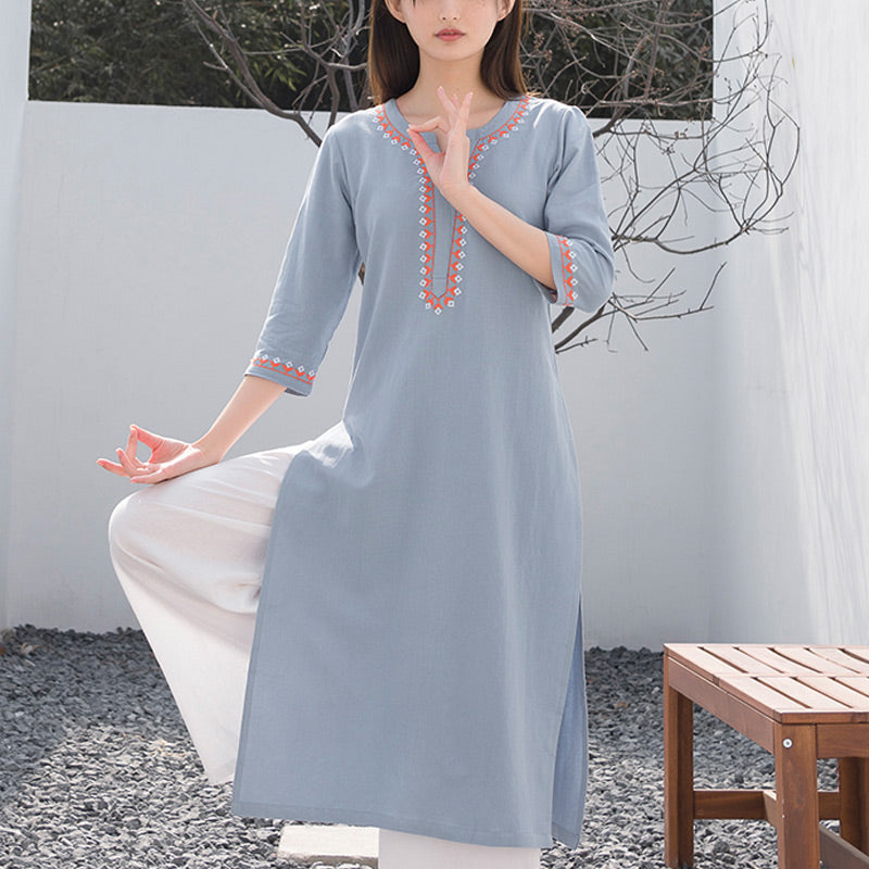 2Pcs V-neck Embroidery Yoga Clothing Zen Meditation Cotton Linen Top Pants Women's Set
