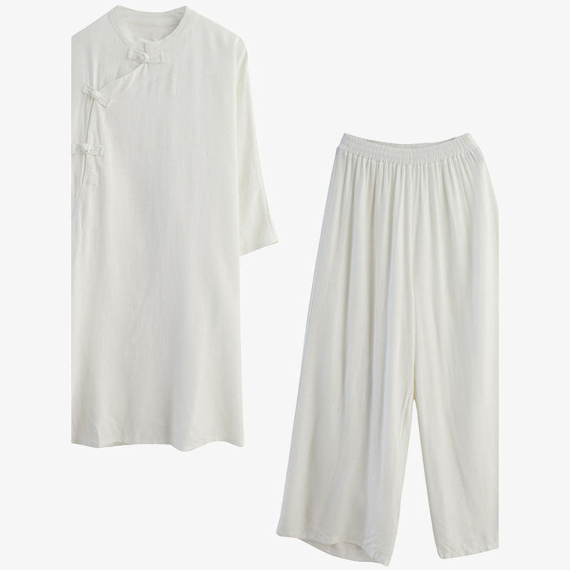 2Pcs Plain Design Zen Tai Chi Meditation Clothing Cotton Linen Top Pants Women's Set