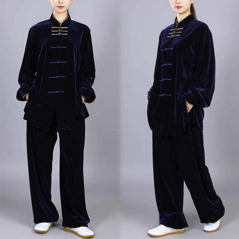 2Pcs Fall Winter Tai Chi Qigong Practice Unisex Frog-Button Meditation Velour Clothing Set