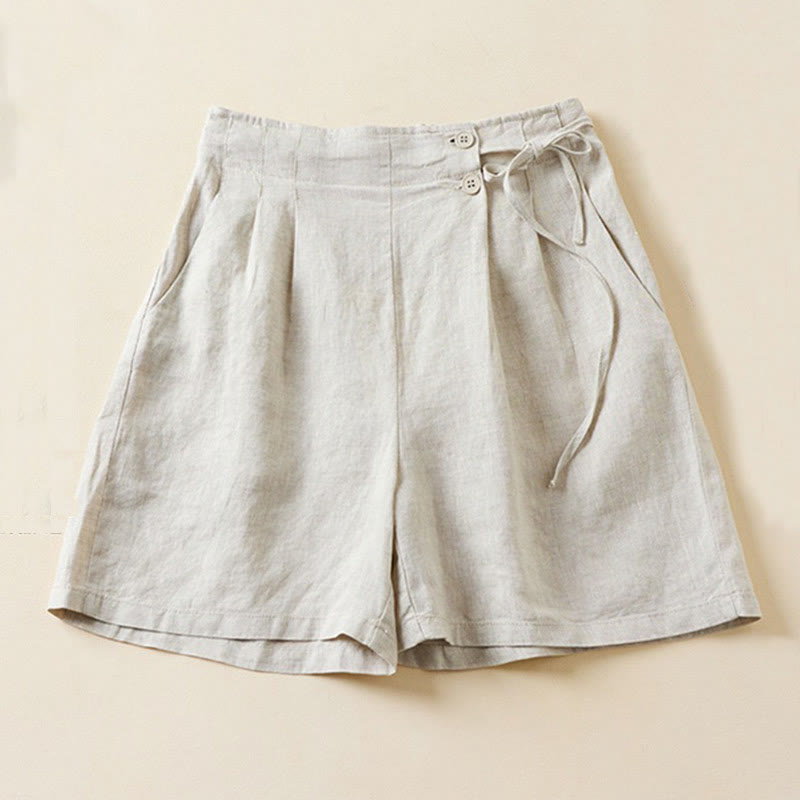 Solid Color Two Buttons Lace-up Cotton Linen Women's Shorts With Pockets