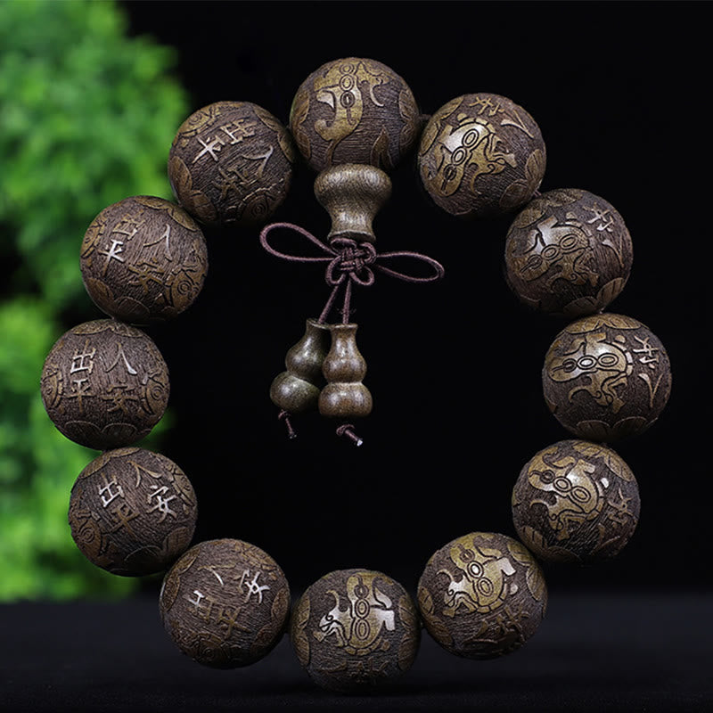 Chinese Zodiac Rosewood Ebony Boxwood Copper Coin PiXiu Carved Warmth Bracelet
