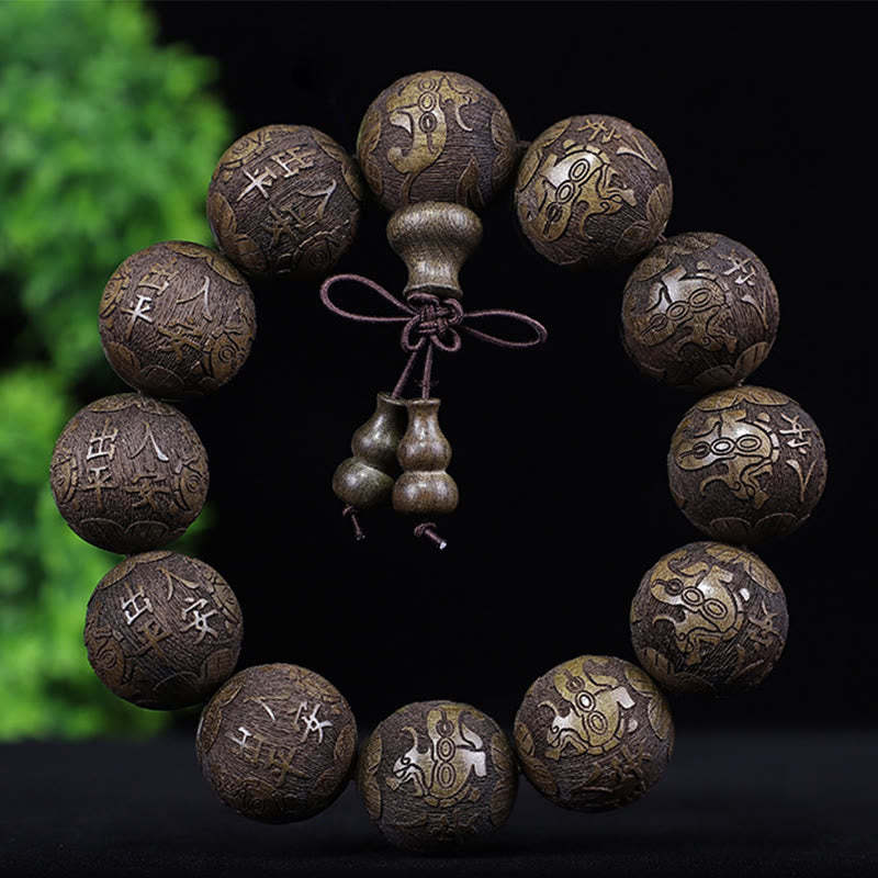 Chinese Zodiac Rosewood Ebony Boxwood Copper Coin PiXiu Carved Warmth Bracelet