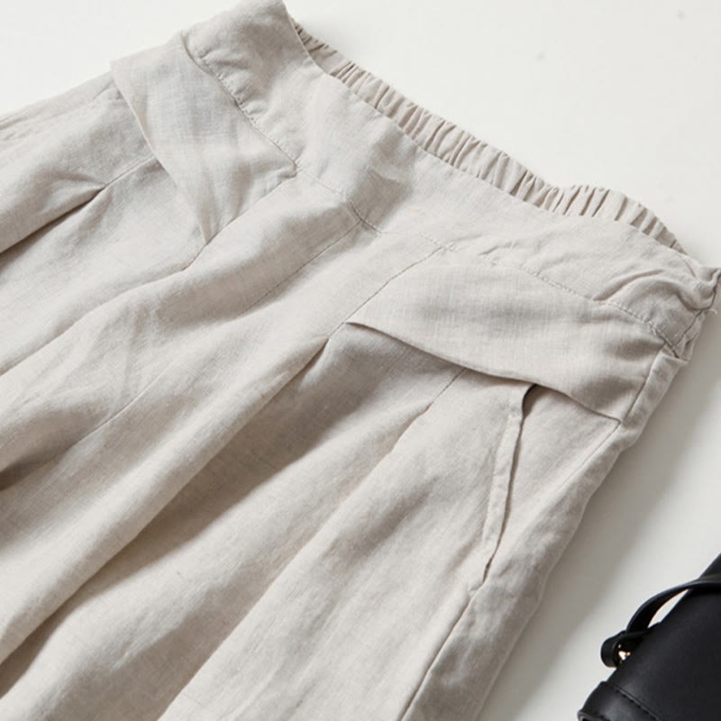 Plain Color Cotton Linen High Waist Wide Leg Pants With Pockets