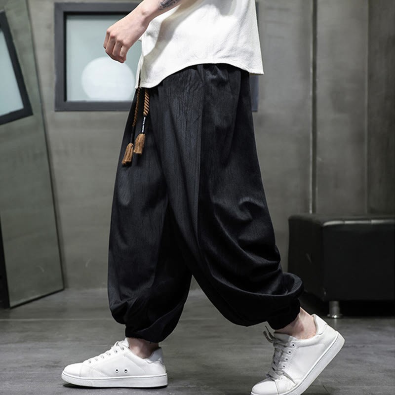 Solid Color Corduroy Drawstring Thermal Men's Harem Pants With Pockets