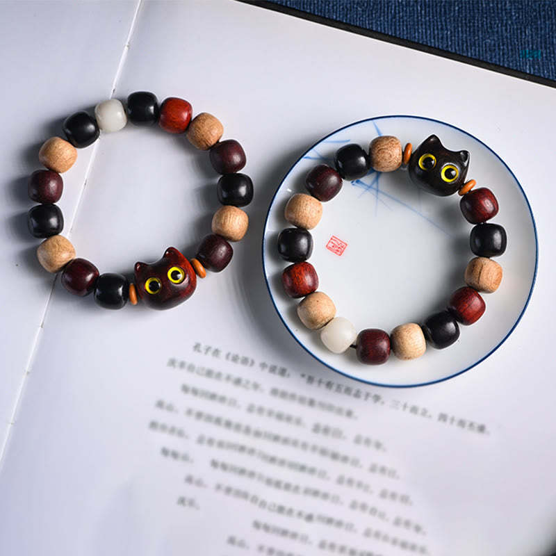 Small Leaf Red Sandalwood Ebony Wood Cute Cat Engraved Protection Bracelet