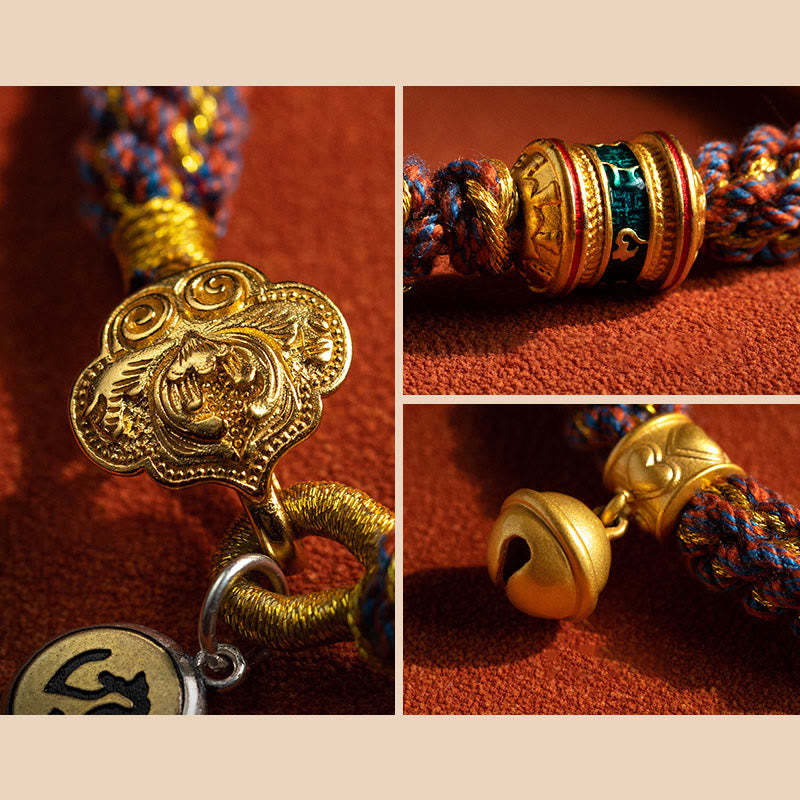 925 Sterling Silver Chinese Zodiac Natal mystic zen Om Mani Padme Hum Luck Bell Braided String Bracelet