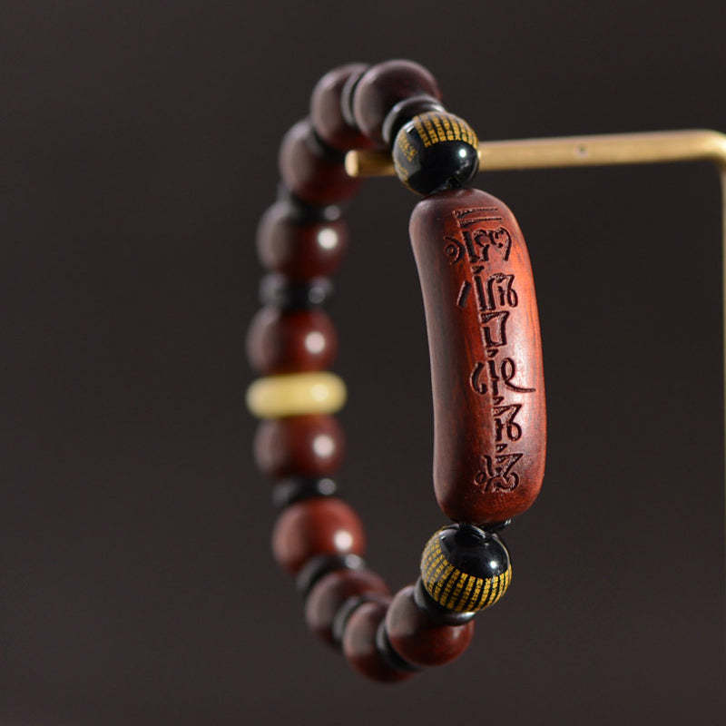 Small Leaf Red Sandalwood Om Mani Padme Hum Engraved Protection Bracelet
