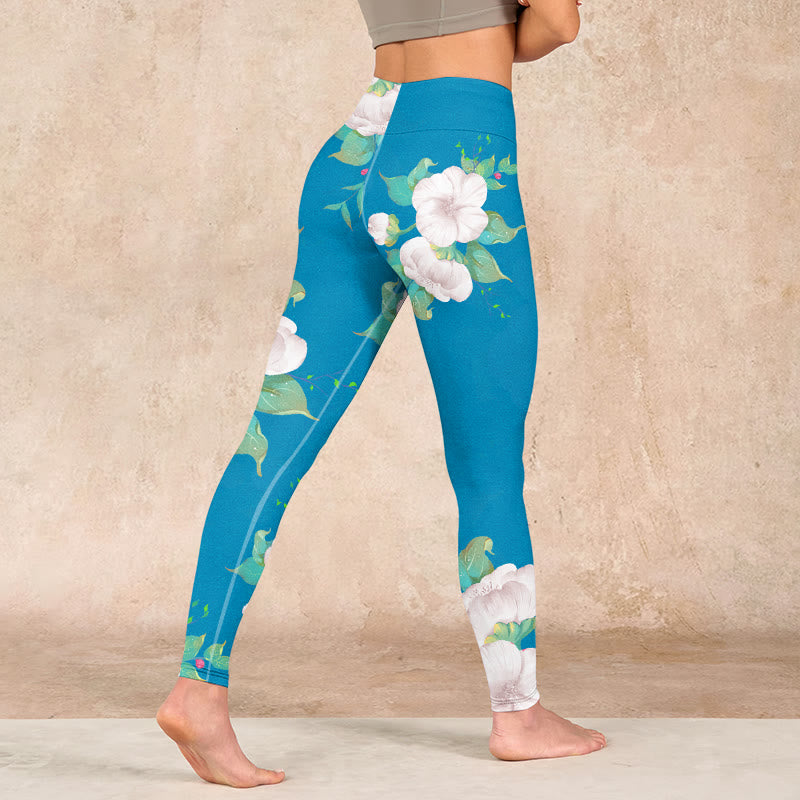 Blue White Flowers Leaves Print Sports Leggings Women's Yoga Pants