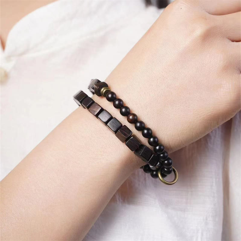Tibet Ebony Wood Square Beads Peace Double Wrap Bracelet