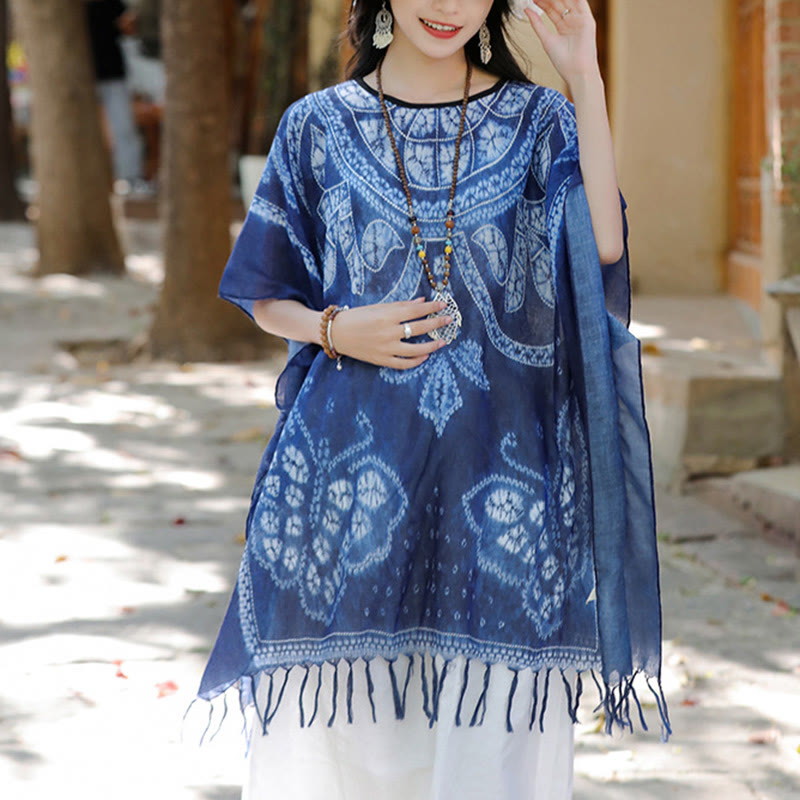 Blue Butterfly Indigo Dyeing Shawl Tassels Cozy Travel Pullover 90*95cm