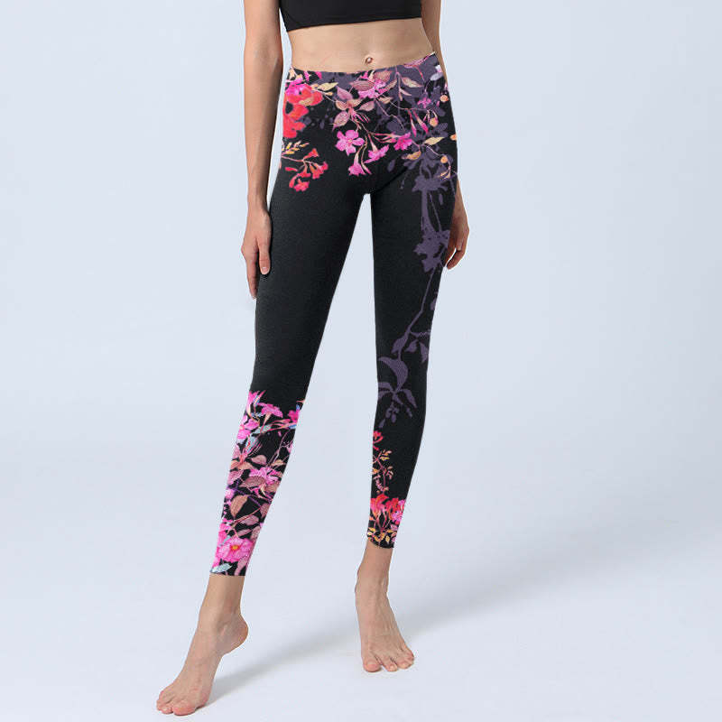 Black Pink Floral Leaves Print Gym Leggings Women's Yoga Pants