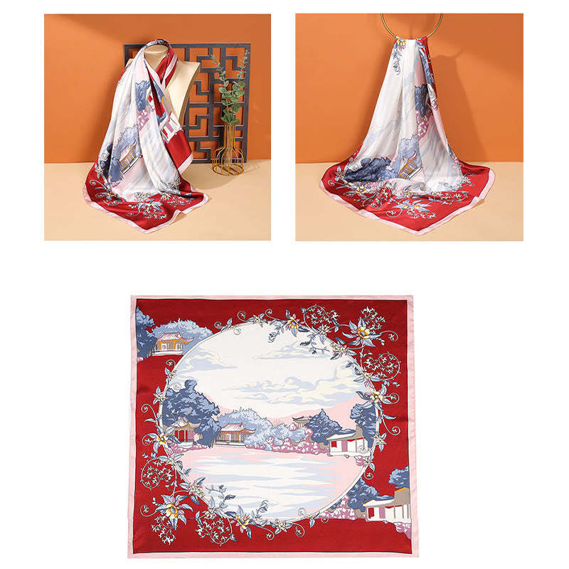 Pastoral Scene Hot Air Balloon Spring Blossom 100% Mulberry Silk Neck Hair Scarf