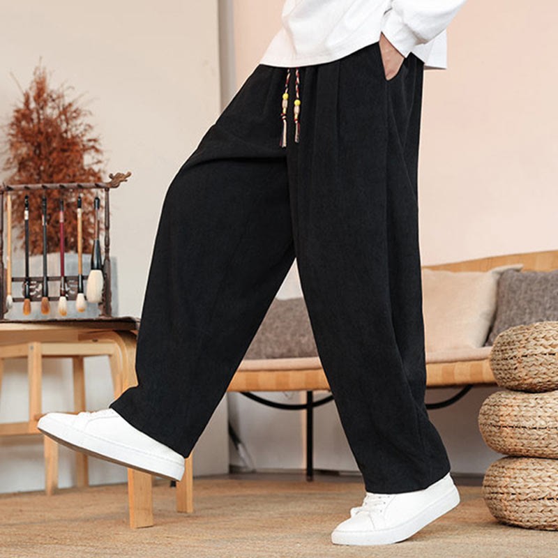 Fall Winter Men's Drawstring Corduroy Solid Pants With Pockets