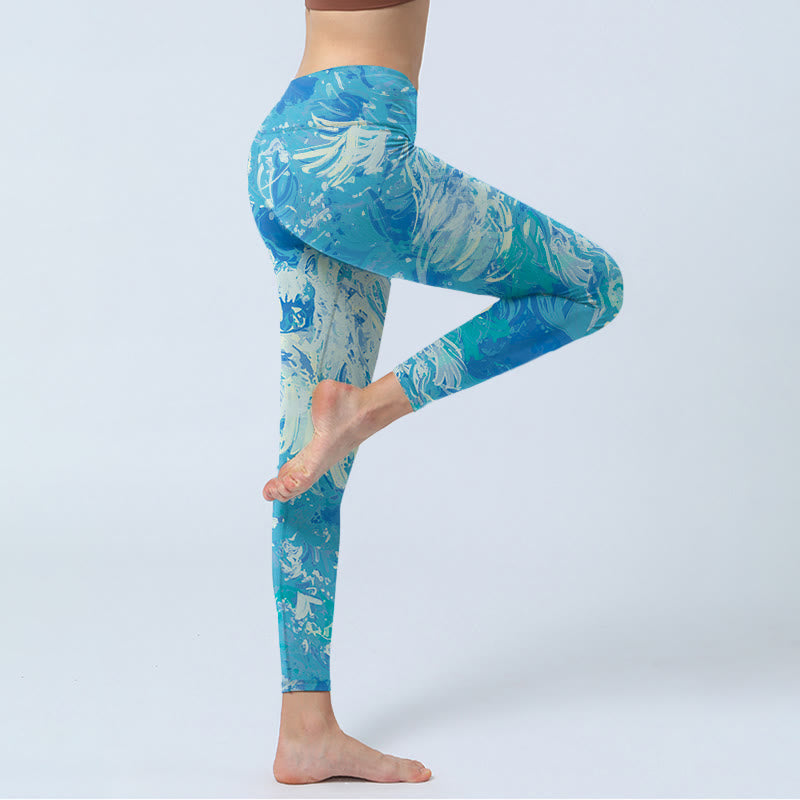 Blue Abstract Oil Paint Water Pattern Print Gym Leggings Women's Yoga Pants