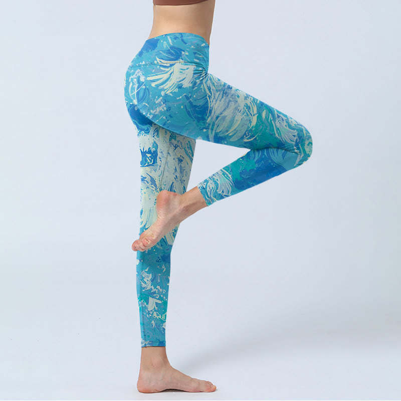 Blue Abstract Oil Paint Water Pattern Print Gym Leggings Women's Yoga Pants