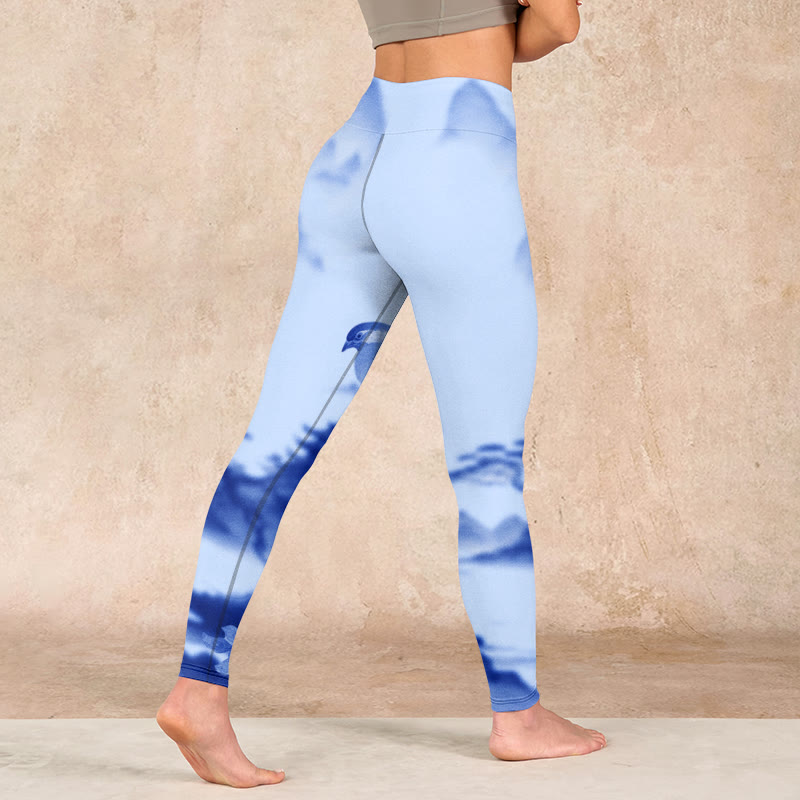 Blue Bird Peony Print Sports Leggings Women's Yoga Pants