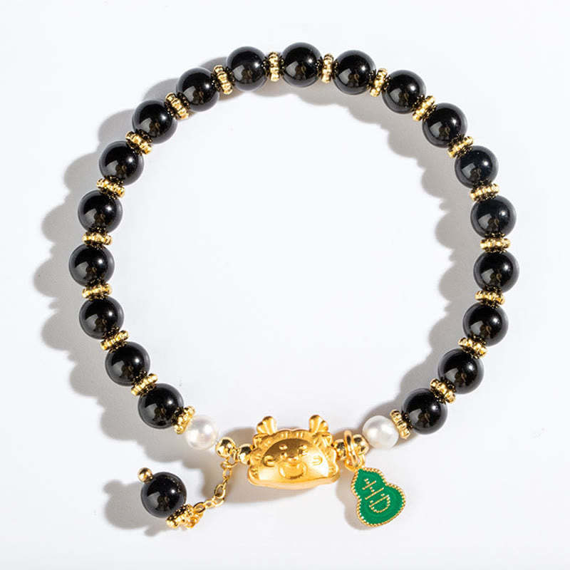 Year Of The Dragon Natural Red Agate Pink Crystal Black Onyx Dumpling Luck Fu Character Bracelet