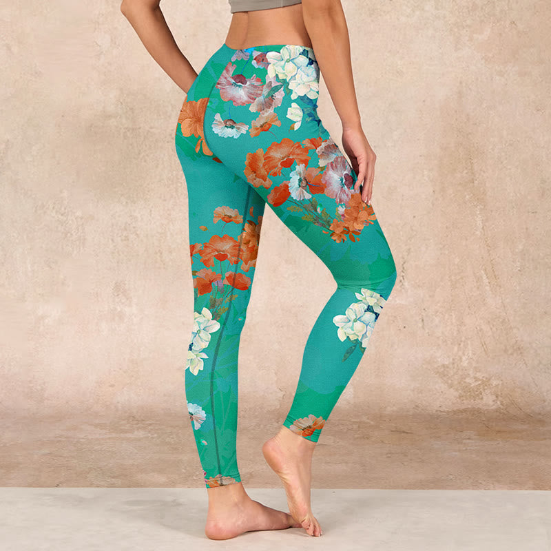 Green Orange Beige Floral Print Gym Leggings Women's Yoga Pants