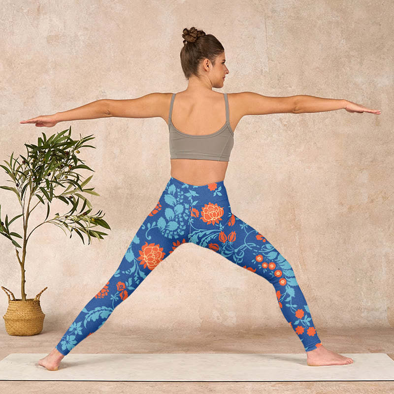 Steel Blue Red Tulips Flowers Leaves Print Gym Leggings Women's Yoga Pants
