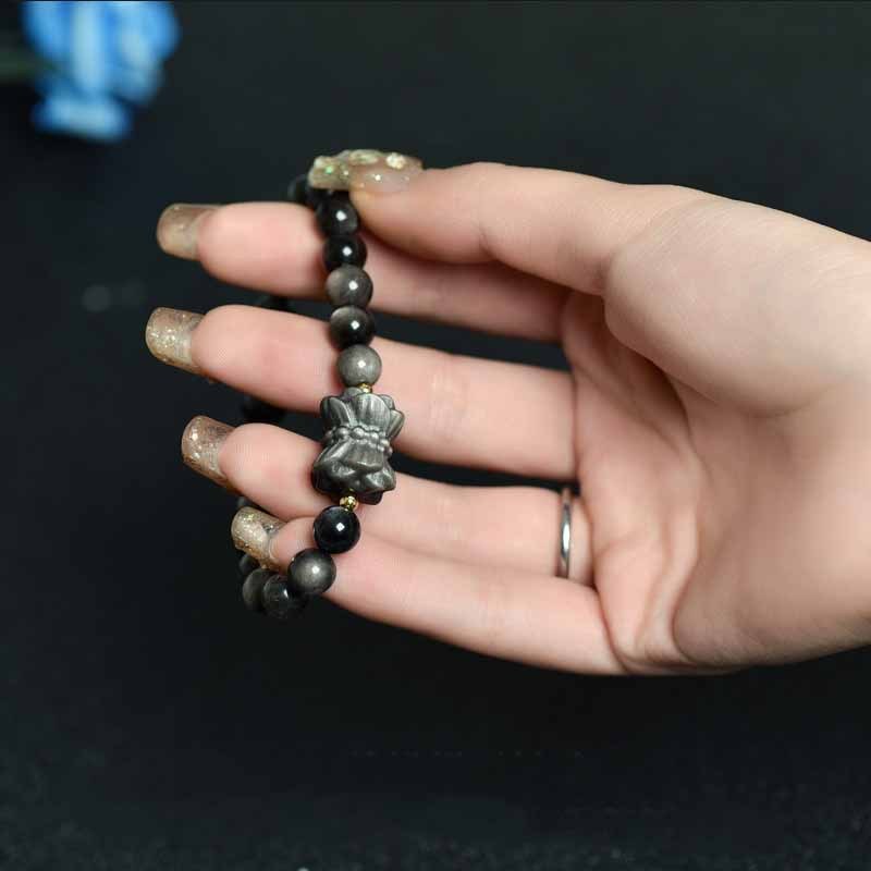Silver Sheen Obsidian Lotus Flower Nine Tailed Fox Laughing mystic zen Protection Bracelet