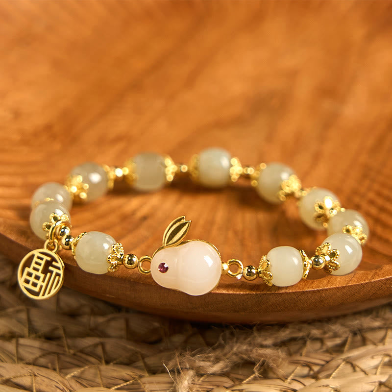 Natural Hetian Jade Fu Character Fu Brand Rabbit Abundance Bracelet