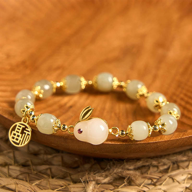 Natural Hetian Jade Fu Character Fu Brand Rabbit Abundance Bracelet