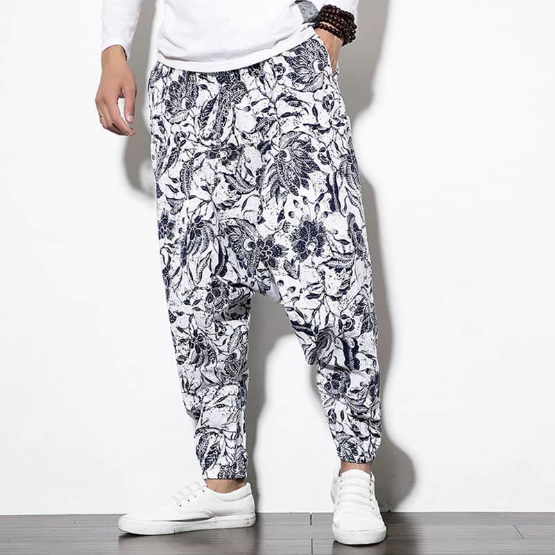 Leaves Vine Print Cotton Men's Long Cropped Harem Pants With Pockets