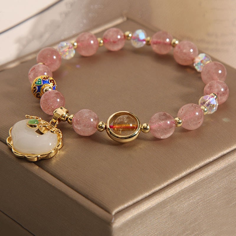 Strawberry Quartz Green Crystal Amethyst Healing Chinese Lock Charm Bracelet