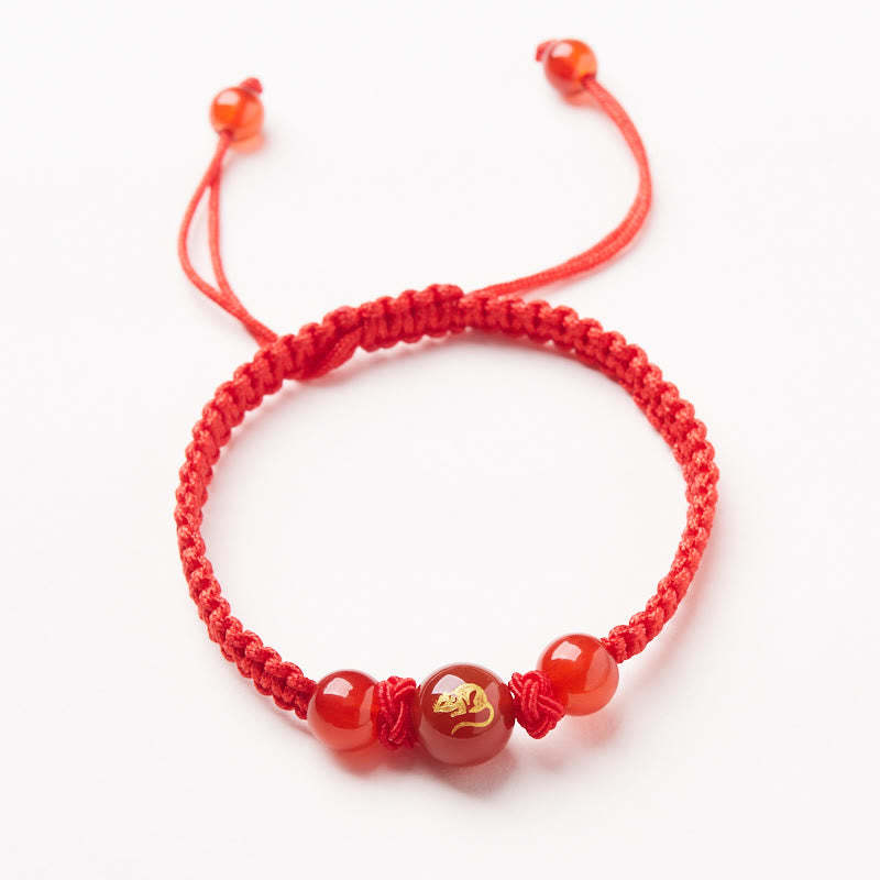 Natural Red Agate Chinese Zodiac Red String Braided Protection Luck Bracelet