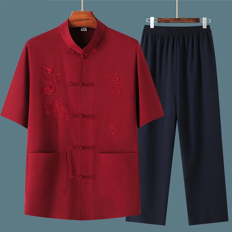 Tang Suit Hanfu Chinese Dragon Traditional Kung Fu Uniform Short Sleeve Tops and Pants Clothing Men's Set