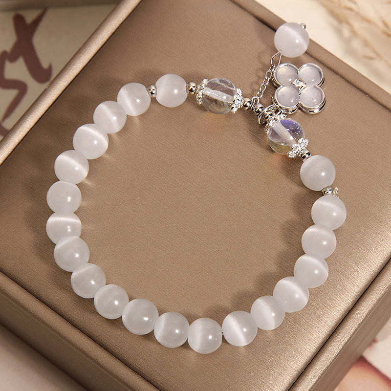 Cat's Eye Crystal Lucky Four Leaf Clover Charm Love Bracelet