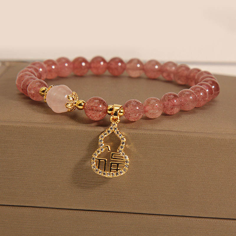 Strawberry Quartz Gourd Fu Character Charm Positive Bracelet