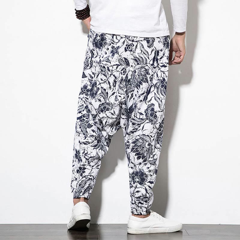Leaves Vine Print Cotton Men's Long Cropped Harem Pants With Pockets