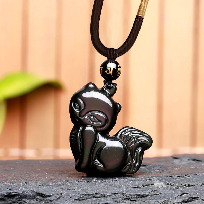 Natural Rainbow Obsidian Gold Sheen Obsidian Nine Tailed Fox Positive Necklace Pendant