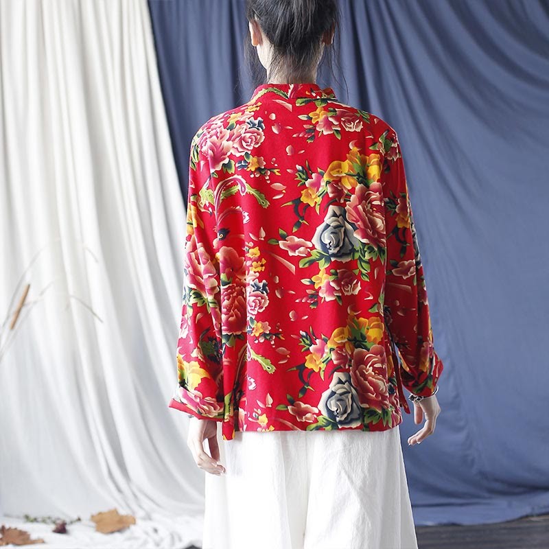 Ethnic Red Flower Peony Frog-Button Cotton Linen Long Sleeve Shirt Jacket With Pockets