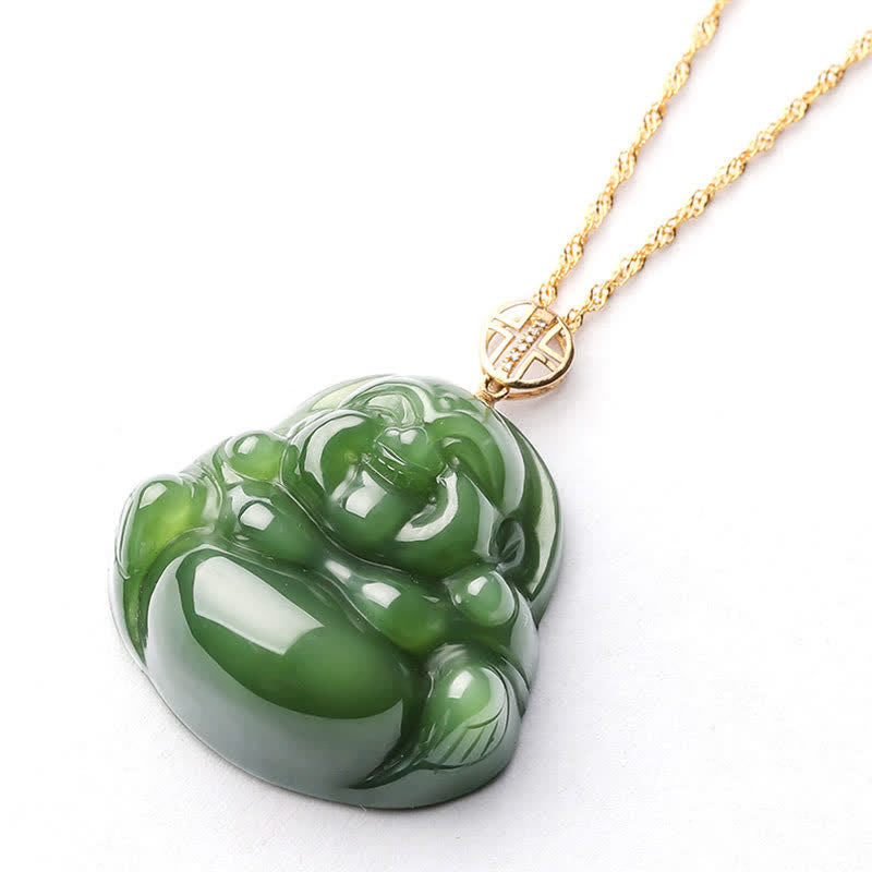 925 Sterling Silver Laughing mystic zen Hetian Cyan Jade 18K Gold Success Necklace Chain Pendant