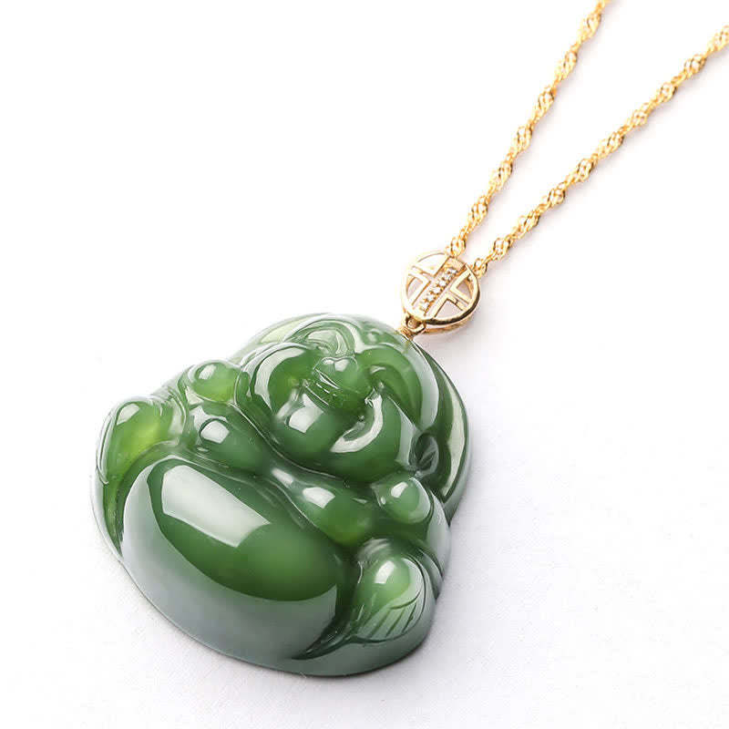 925 Sterling Silver Laughing mystic zen Hetian Cyan Jade 18K Gold Success Necklace Chain Pendant