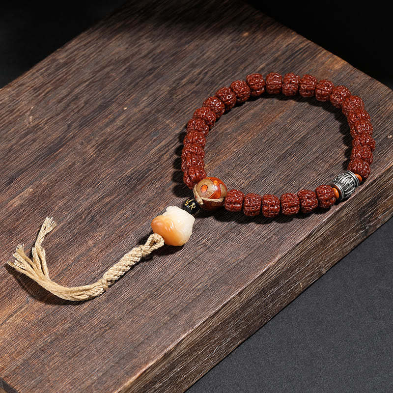 Tibet Rudraksha Bodhi Seed Dzi Bead Lucky Cat Dancing Lion Wealth Bracelet Wrist Mala