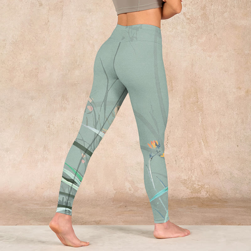 White Pink Orchids Leaves Print Gym Leggings Women's Yoga Pants
