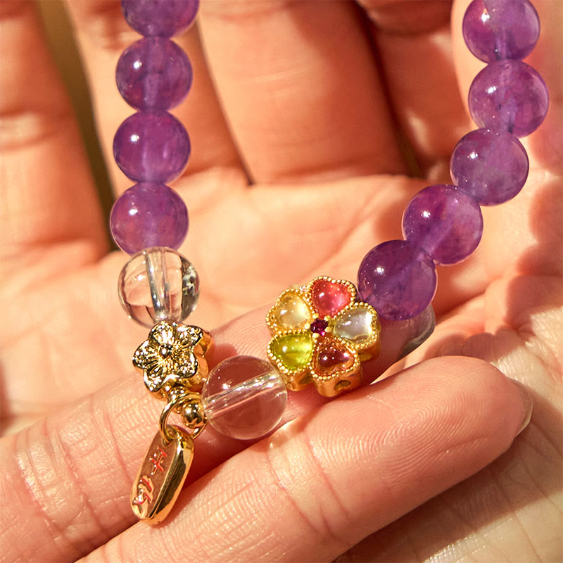 Natural Amethyst White Crystal Flower Healing Safe And Well Charm Bracelet