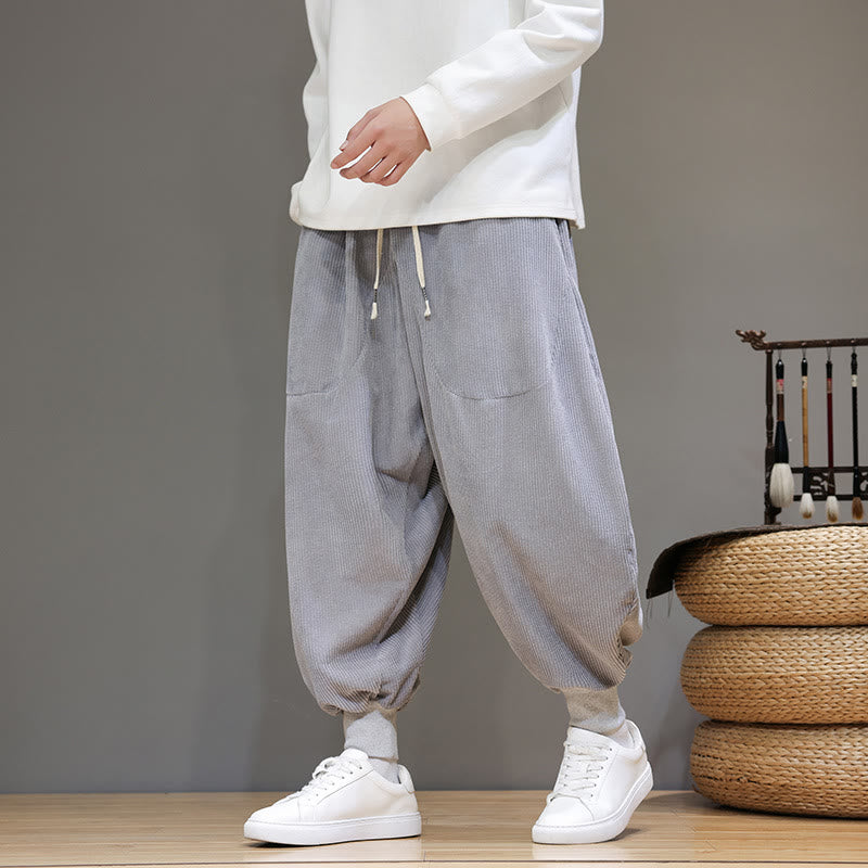 Casual Plain Cotton Men's Harem Pants With Pockets