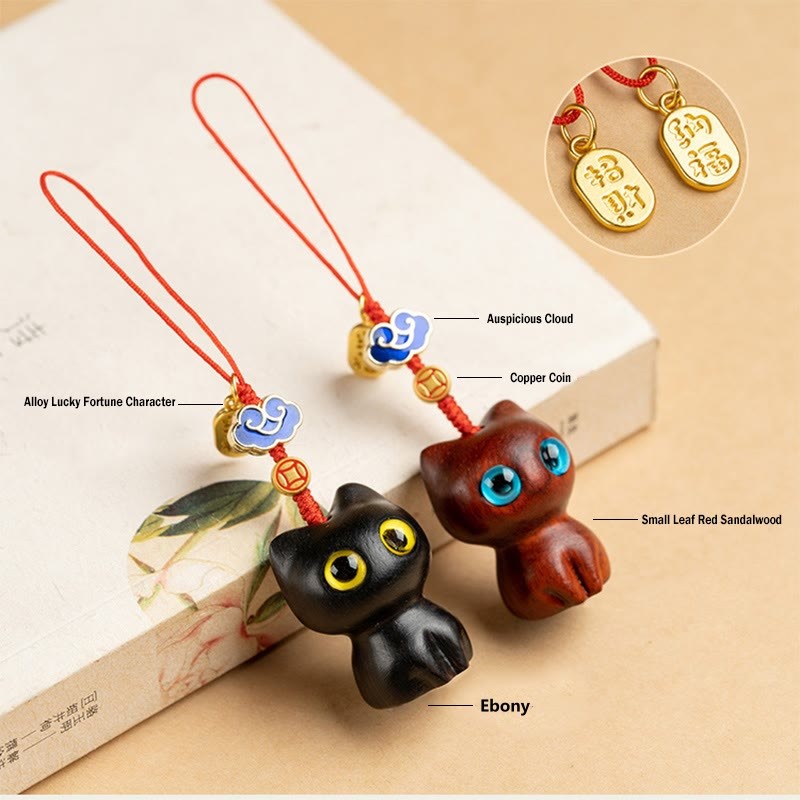 Small Leaf Red Sandalwood Ebony Wood Lucky Cat Protection Key Chain Phone Hanging Decoration