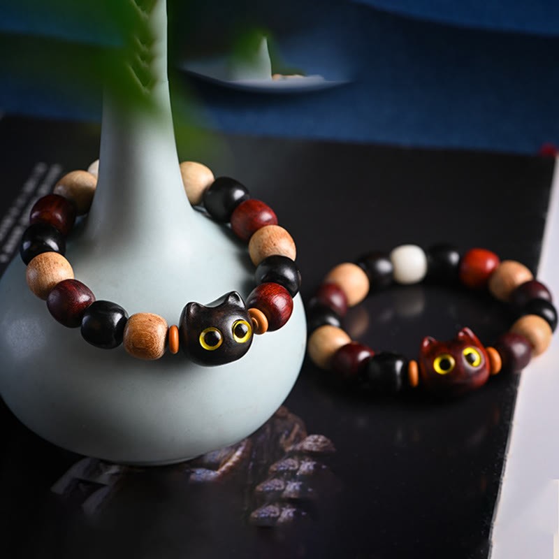Small Leaf Red Sandalwood Ebony Wood Cute Cat Engraved Protection Bracelet