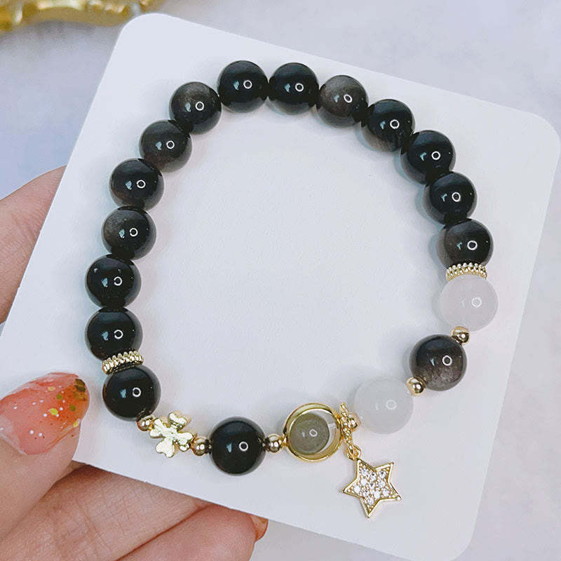 Natural Silver Sheen Obsidian Love Heart Star Flower Protection Bracelet (Extra 30% Off | USE CODE: FS30)
