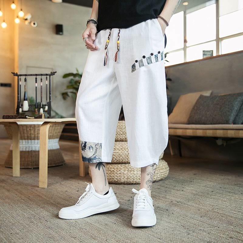 Patchwork Design Drawstring Cotton Men's Cropped Pants With Pockets