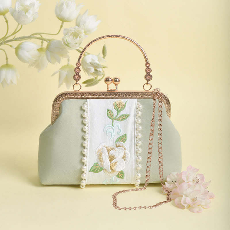 Double-sided Flowers Embroidery Pearl Pendant Metal Chain Crossbody Bag Handbags