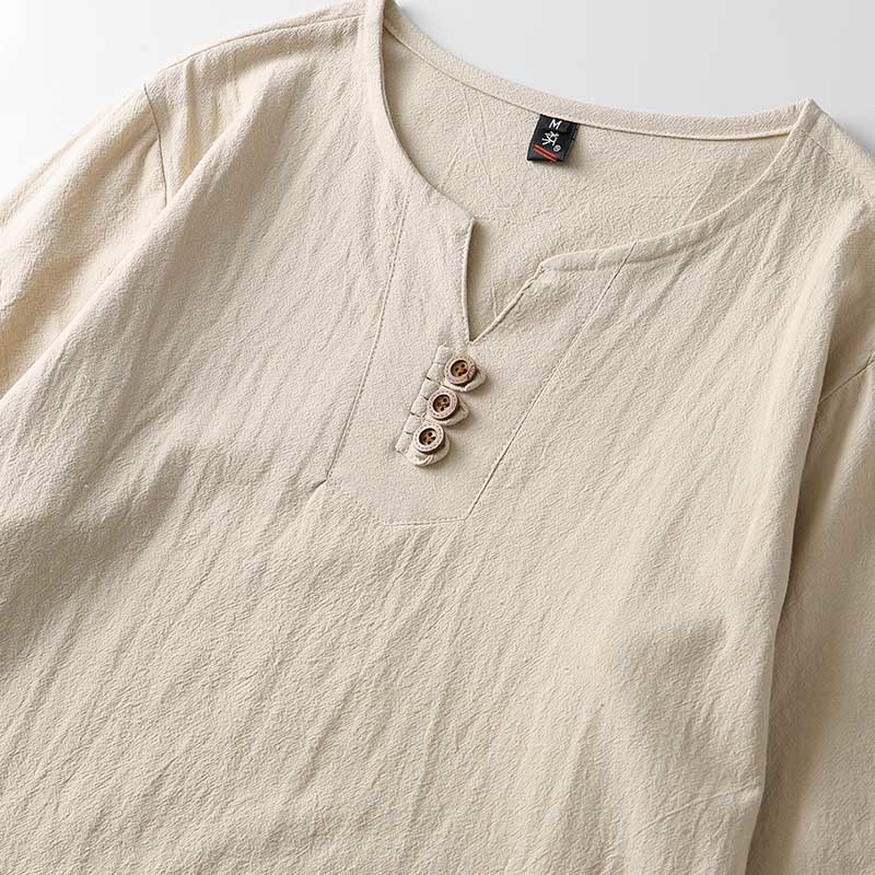 Solid Color Long Sleeve Button Shirt Cotton Linen Men Clothing