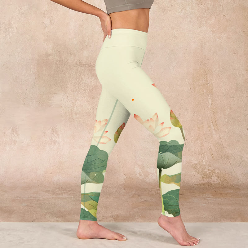 Lotus Flower Leaf Dragonfly Print Fitness Leggings Women's Yoga Pants