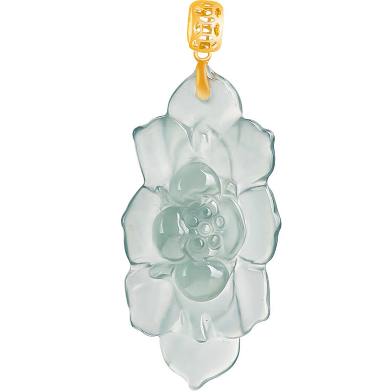 18K Gold Natural Jade Lotus Pattern Prosperity Necklace Pendant