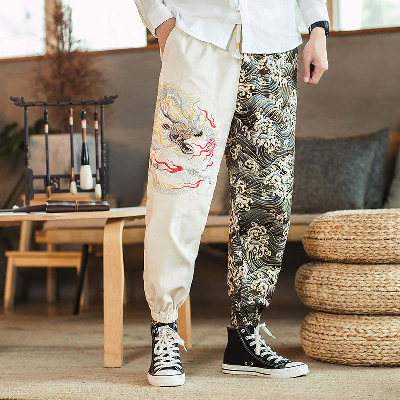 Dragon Pattern Two-tone Men's Pants With Pockets